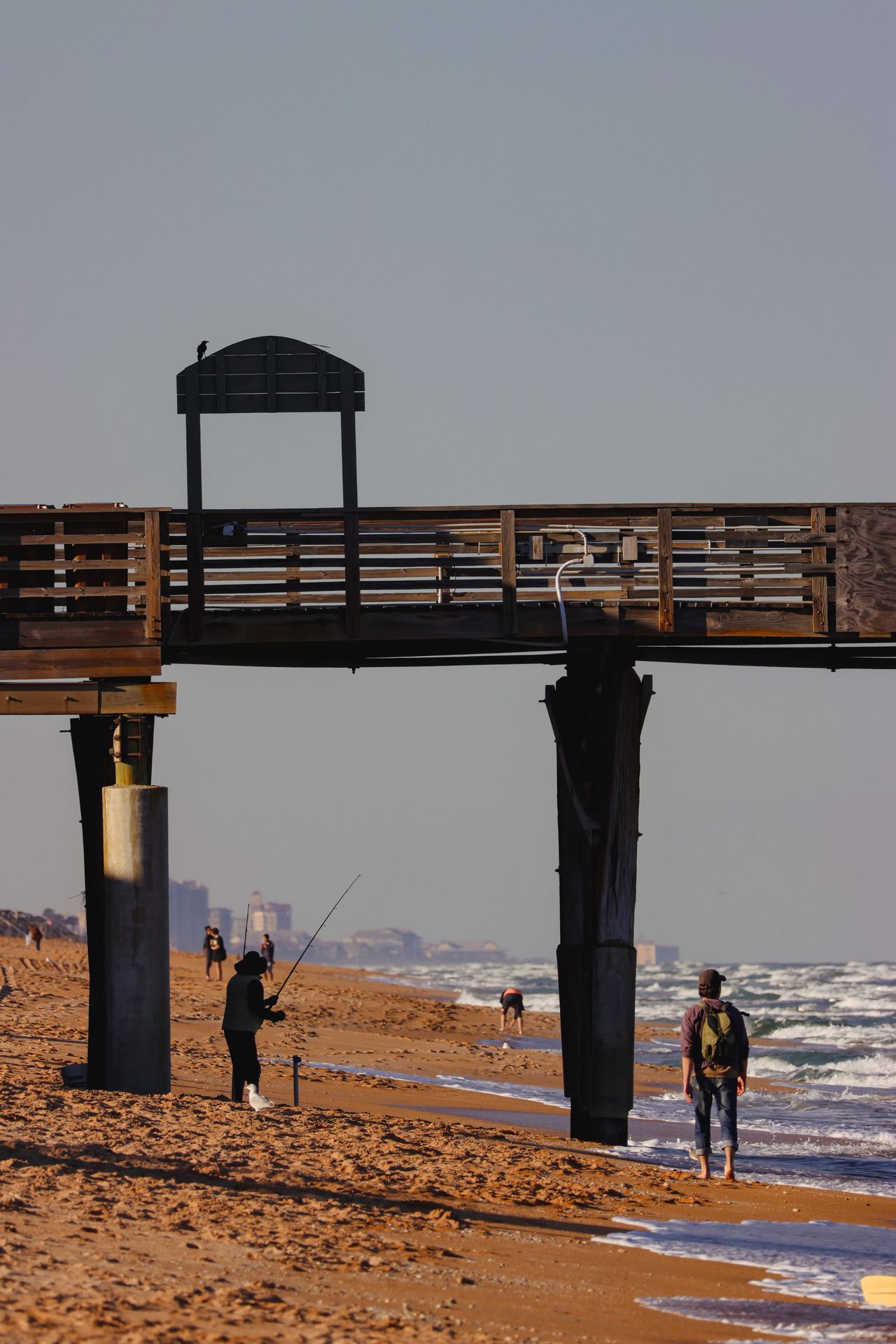 Anglers surf fishing from the beach beside a fishing pier at Flagler Beach, Florida